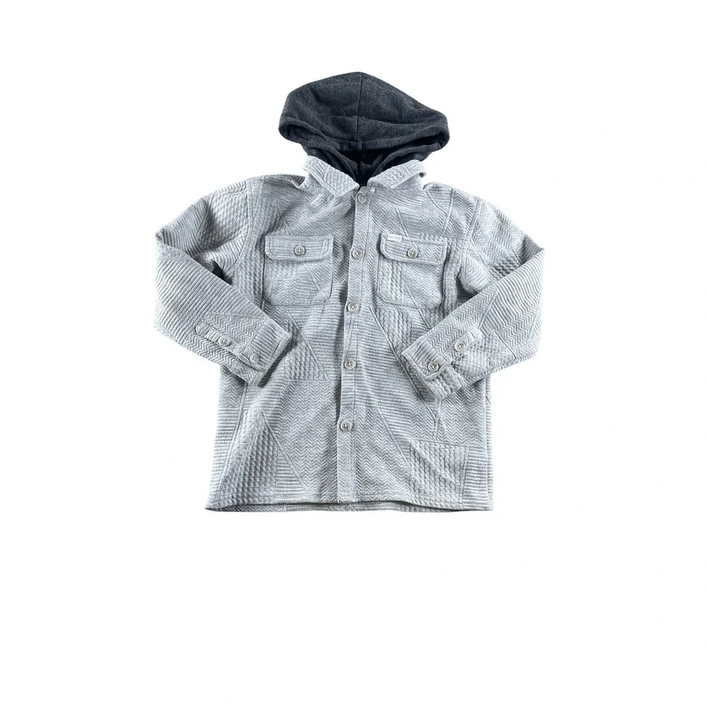 Tahari Boy Gray Quilted Hooded Shirt Jacket Shacket Size 7 Texture Button Up